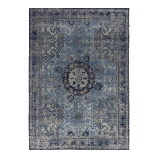 Rug & Kilim’s Distressed Transitional Style Rug in Blue, Gray Medallion Pattern For Sale