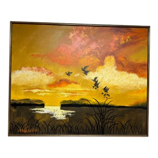 Mid 20th Century Lee Reynolds Sunset Geese Painting, Framed For Sale