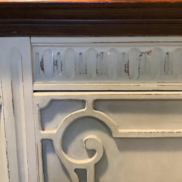 Wood Vintage China Cabinet Painted Gray W Natural Dark Wood Carvings Interior Storage Scandinavian Design For Sale - Image 7 of 12