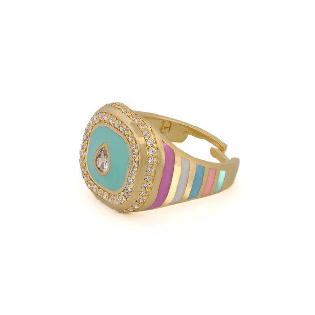 Metal Pastel Colors Diamond & Gold Spring Statement Ring, Size 8 For Sale - Image 7 of 7