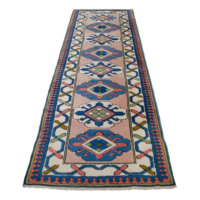 1990s Hand-Knotted Turkish Wool Rug . Oushak Runner Rug Pink Hallway Decor2′9″ × 9′1″ For Sale - Image 5 of 16