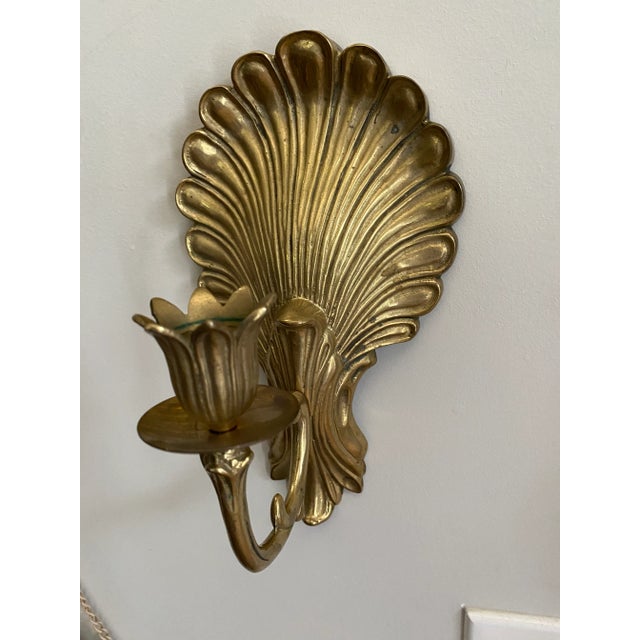 Mid-Century Modern Vintage Art Deco Hollywood Regency Brass Shell & Tulip Wall Sconces- a Pair For Sale - Image 3 of 6