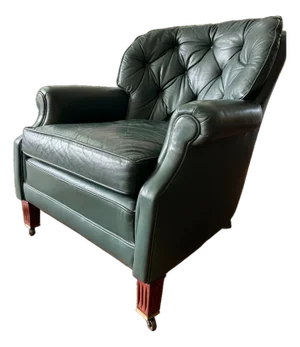Vintage Green Leather Tufted Club Chair, Classic Leather Hickory NC, Rolled Arms & Brass Caster L
