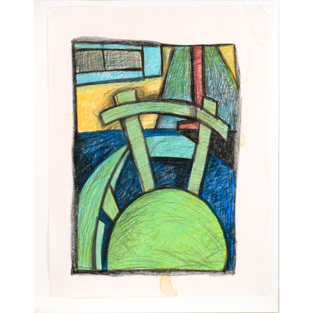 Cubism The Desk Chair - Cubist Interior Scene in Crayon on Paper by Michael William Eggleston For Sale - Image 3 of 5