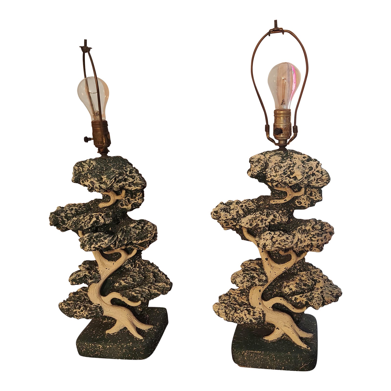 Pair of Mid Century 1950's Chalkware Bonsai Tree Lamps by Reglor of ...
