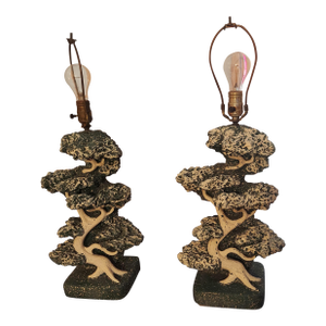Pair of Mid Century 1950's Chalkware Bonsai Tree Lamps by Reglor of California