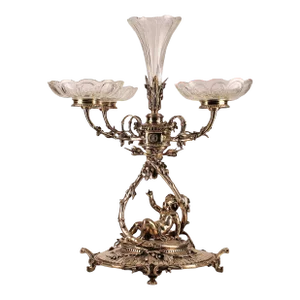 19th Century Christofle Rococo Silvered Metal Large Decorative Epergne Centerpiece of Reclining Child With Baccarat Cut Crystal Compote Bowls, France