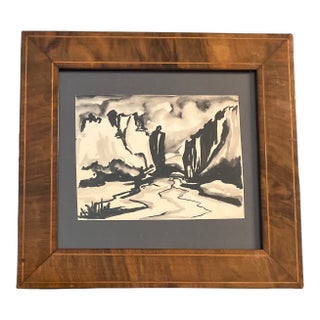 1970’s Abstract Expressionist Watercolor Painting Inlaid Wood Frame For Sale
