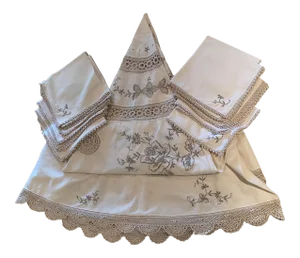 1960s Embroidered Cream & Ecru Round Madeira Lace Table Cloth & Napkins Set- 13 Pieces