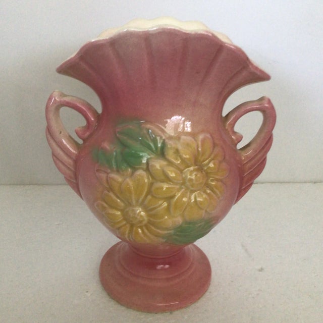 Vintage Hull U. S. A. Pottery Double Handle Pink and Yellow Magnolia Flower Vase For Sale - Image 4 of 13