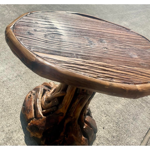 Wood Late 20th Century Small Rustic Root Base Oval Side Table Cabin Cottage For Sale - Image 7 of 12