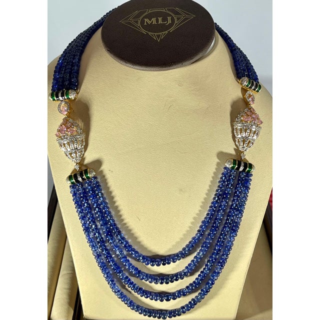 575 Ct Natural Tanzanite Bead Four Strand Necklace + 6.5 Ct Diamond 14 K Y Gold For Sale - Image 9 of 18