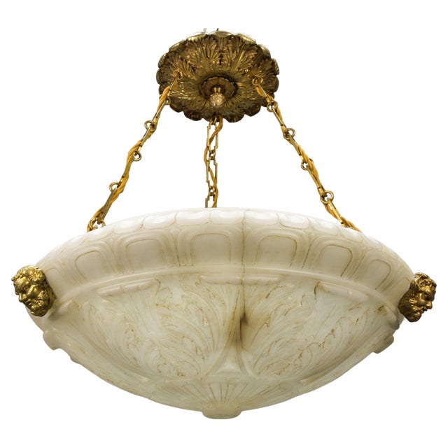 Large Neoclassical Style Alabaster and Bronze Pendant Light, 1890s For Sale