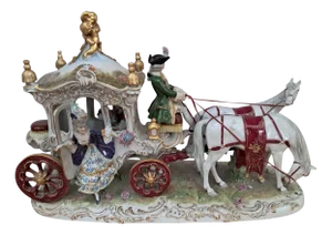Large Vintage German Scheibe Alsbach Porcelain Horse & Carriage Figurine, Rococo, 1920s