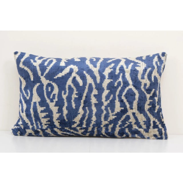 Royal Blue Blue Silk Ikat Velvet Lumbar Cushion Cover For Sale - Image 8 of 8
