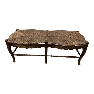 Late 20th Century French Country Farmhouse Walnut Bench With Hand Woven Rush Seat For Sale