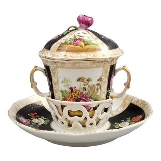 Augustus Rex Revival Chocolate Cup Trembleuse and Saucer by Helena Wolfsohn, Dresden, 1870s, Set of 2 For Sale