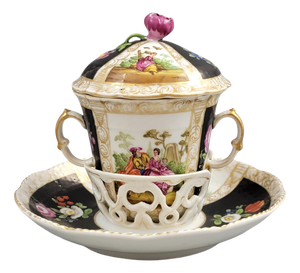Augustus Rex Revival Chocolate Cup Trembleuse and Saucer by Helena Wolfsohn, Dresden, 1870s, Set of 2