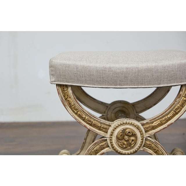 French Empire Style Curule Stool with Gilded Accents and Linen Upholstery For Sale - Image 9 of 12