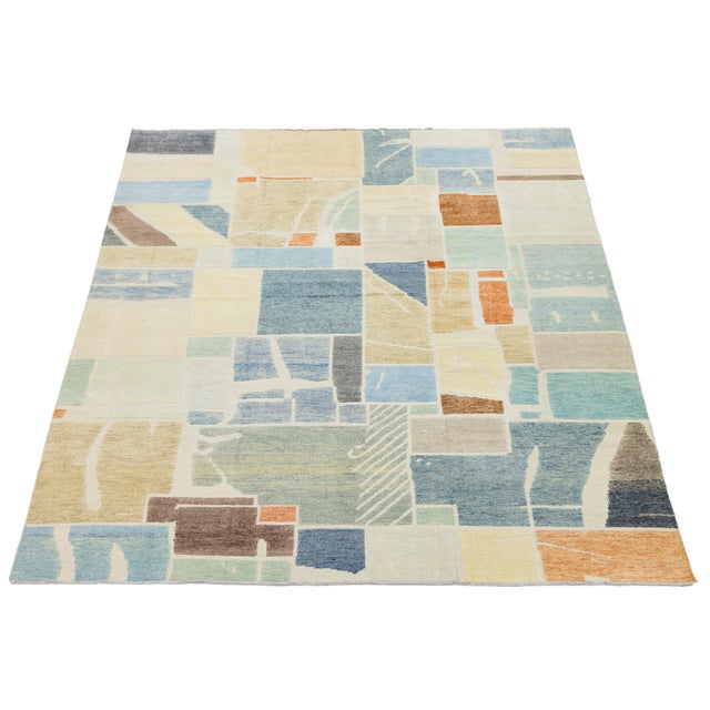 Modernist Color-Block Handcrafted Wool Area Rug With Abstract Painterly Grid For Sale - Image 10 of 12
