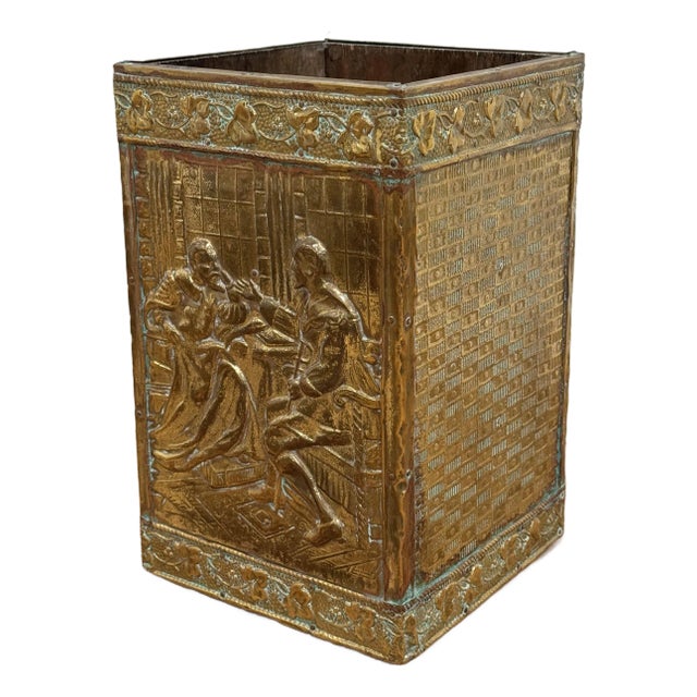 Vintage 19th C French Repousse Style Brass and Wood Waste Bin or Umbrella Stand For Sale