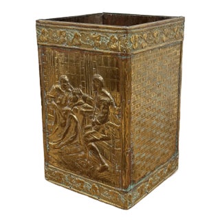 Vintage 19th C French Repousse Style Brass Clad Wastebasket or Umbrella Stand For Sale