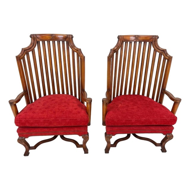 Rare Vintage Authentic Baker Furniture Pieces! Pair of High-Back Mahogany Spindle Armchairs For Sale