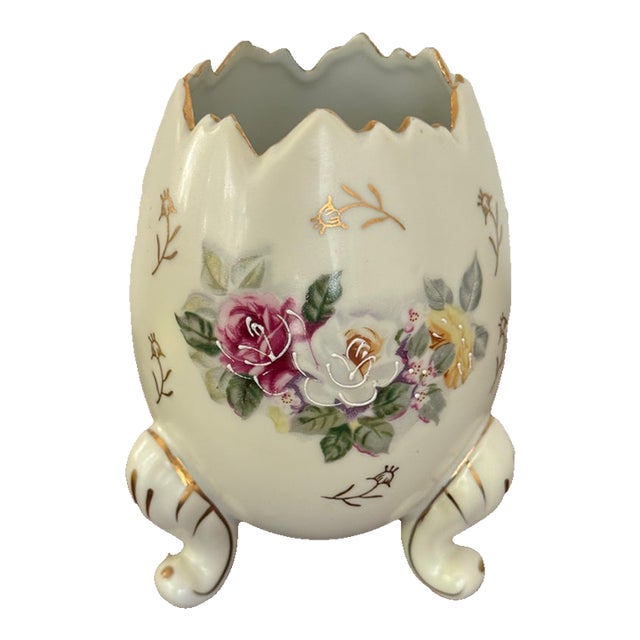 Mid Century Japanese Porcelain Cracked Egg Vase With Roses For Sale