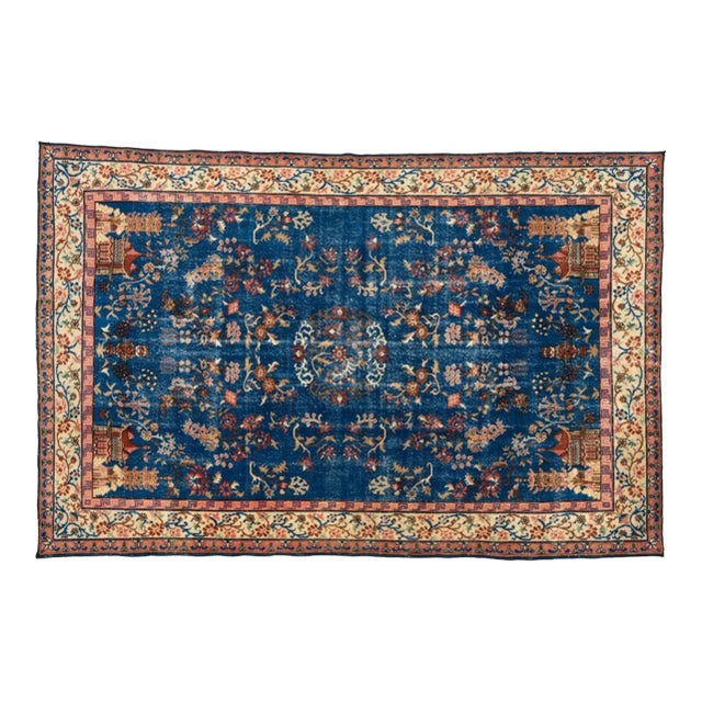 Vintage Blue Chinese Peking-Style Floral Pagoda Rug For Sale
