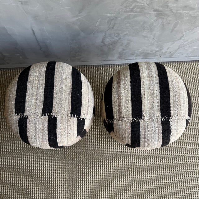 Pair of Striped Off-white, Black Vintage Turkish Rug Ottomans For Sale In Los Angeles - Image 6 of 7