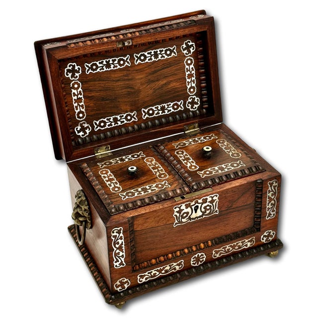 Wood Outstanding Antique Victorian Rosewood Veneer Tea Caddy Box With Fancy Abalone Inlay Features - Circa 1870s For Sale - Image 7 of 18