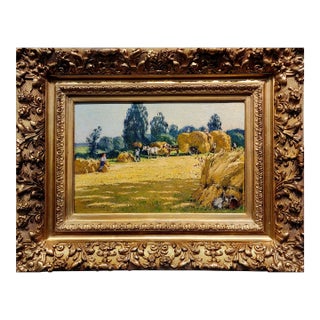Andre Fremond - Farmland Landscape During Harvest- C.1920 Oil Painting For Sale