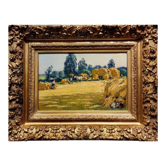 Andre Fremond - Farmland Landscape During Harvest- C.1920 Oil Painting For Sale