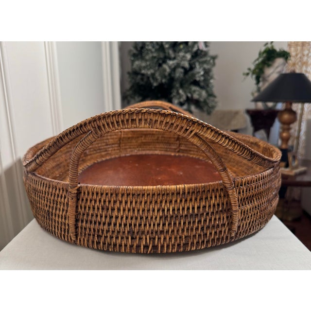 Mid 20th Century Vintage Monumental Oval Wicker Rattan & Wood Double Handled Tray For Sale - Image 5 of 9