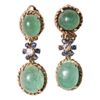 Vintage Emerald Cabochon and Diamond Dangle 14k Gold Earrings, A Pair For Sale