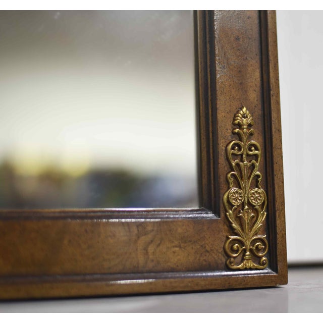 1970s Hollywood Regency Neoclassical Arched Burl Wood Wall Mirrors With Brass Ormolu Detail - A Pair For Sale - Image 4 of 9