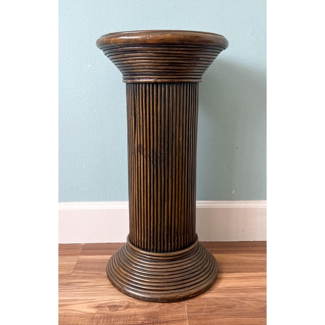 Contemporary 1970's Gabriella Crespi Style Pencil Reed Rattan Pedestal Plant Stand / Display Column – Coastal / Organic Modern / Boho Chic For Sale - Image 3 of 10