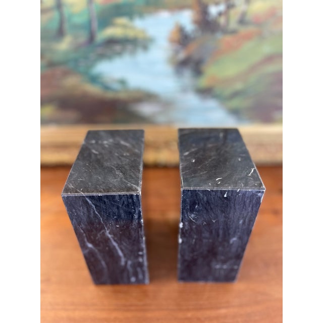 Black Vintage Black Likely Marble Bookends - Solid Rectangular Pair With White Veining, Mid-20th Century. For Sale - Image 8 of 8
