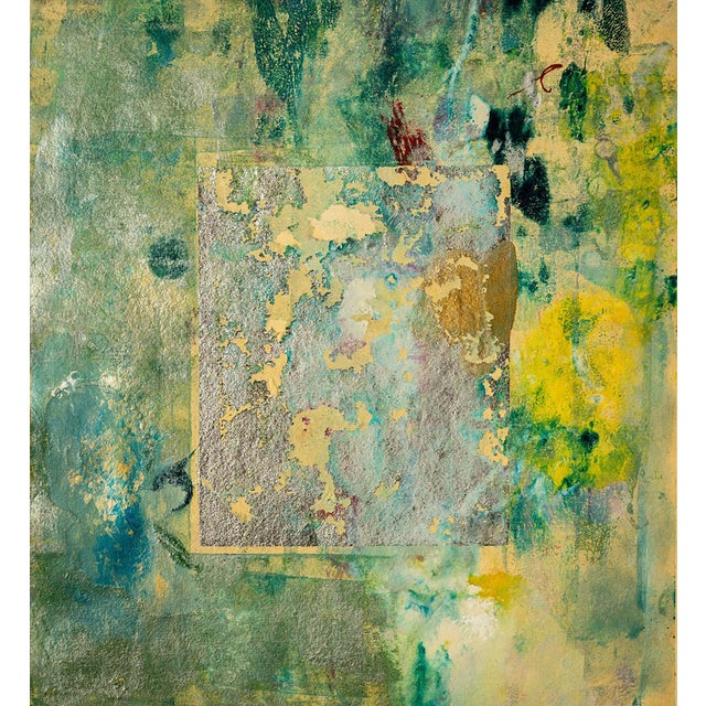 Monoprint on rice paper, framed with a white mat and silver frame. An aged, timeworn ground of sage, aqua, and ochre...