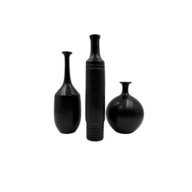 Mid-Century Set of 3 Black Bucchero Ceramic Vases, Sebastiani Gubbio Italy 1960s For Sale - Image 4 of 12