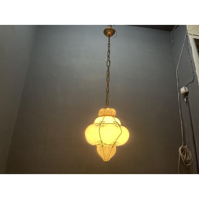 1960s Wrought Iron and White Murano Glass Pendant Light, 1960s For Sale - Image 5 of 17