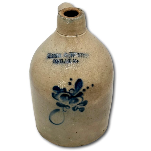 Scarce Antique American Blue Decorated Stoneware 1 Gallon Jug From Historic Portland Maine Merchant Kendal & Whitney For Sale - Image 11 of 18