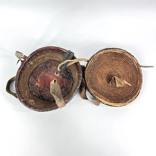 African Early 20th Century Small Mesob Lidded Leather Wrapped Lunch Basket Ethiopia For Sale - Image 3 of 7
