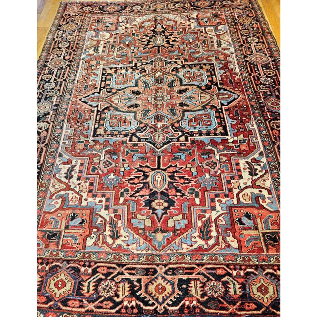 Textile Vintage Persian Heriz Serapi Rug, Hand-Knotted Wool, Geometric Medallion Pattern, Brick-Red & Blue, 9x12 For Sale - Image 7 of 15