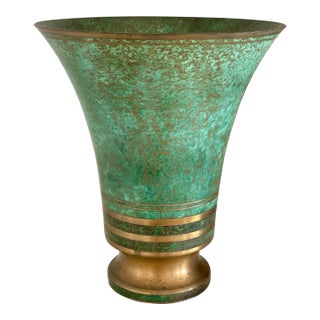 1920s Carl Sorensen Art Deco Verdigris Bronze Trumpet Vase For Sale
