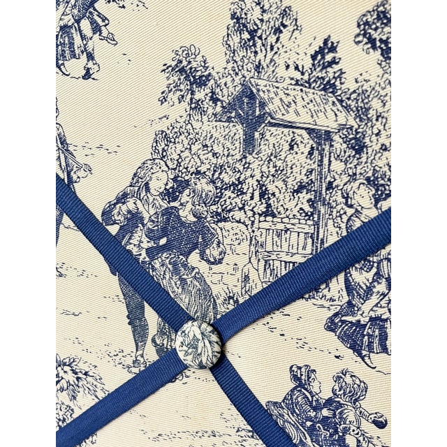 Textile Custom Upholstered Blue and White Toile French Memory Board Bulletin Board With Navy Grosgrain Ribbon For Sale - Image 7 of 10