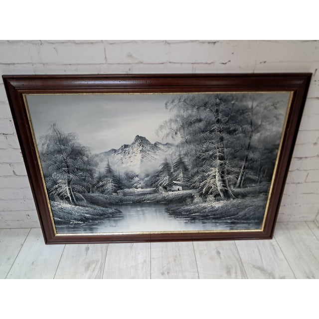 Black Large Oil Painting, Black & White Winter Landscape on Canvas, H. Gamlen, 1980 For Sale - Image 8 of 18