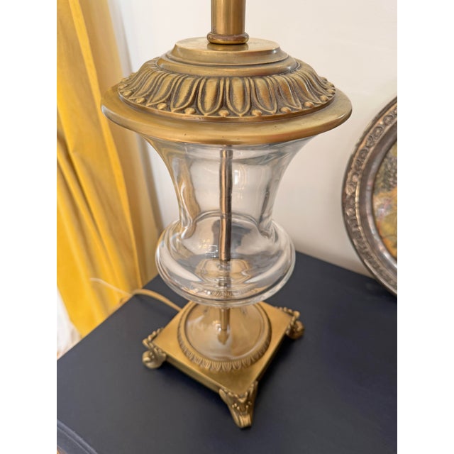 Paul Hanson Neoclassical Brass & Blown Glass Hurricane Urn Table Lamps - A Pair For Sale - Image 4 of 8