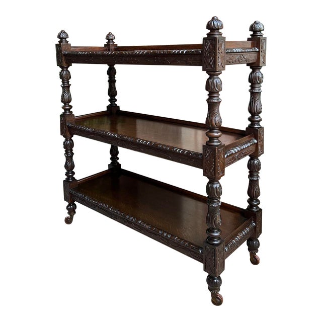 Antique English Hotel Dumbwaiter Server Sideboard Trolley Carved Oak Renaissance For Sale