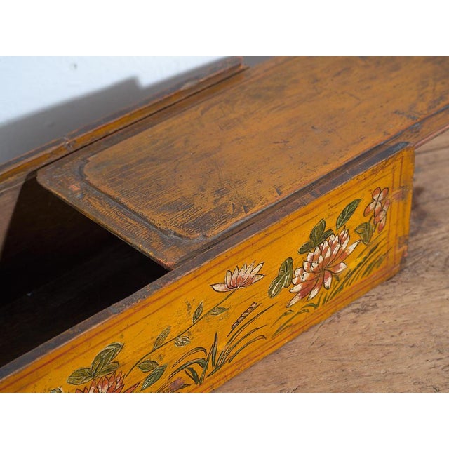 Antique Chinese Ochre Colored Box with Painted Lotus Flowers, 1900s For Sale - Image 4 of 9